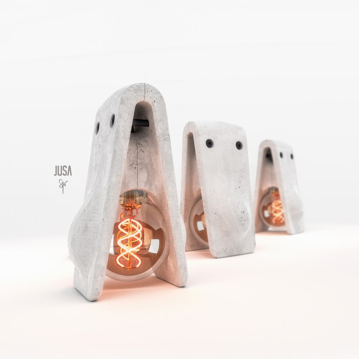 Trois lampes Jusa montrant les ouvertures du béton autour de l’ampoule