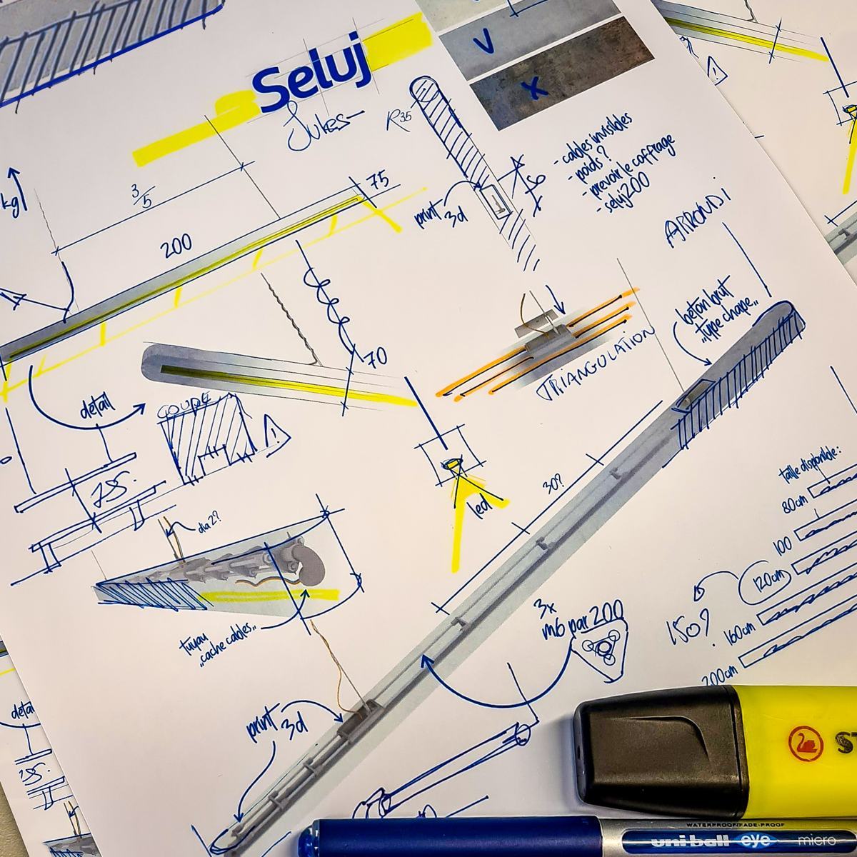 Croquis de recherche et annotations de conception de Seluj